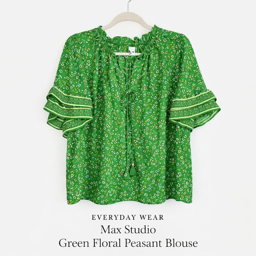 Max Studio Green Floral Peasant Blouse Ruffle Sleeve Tassel Tie Boho Top 1X - Picture 1 of 14